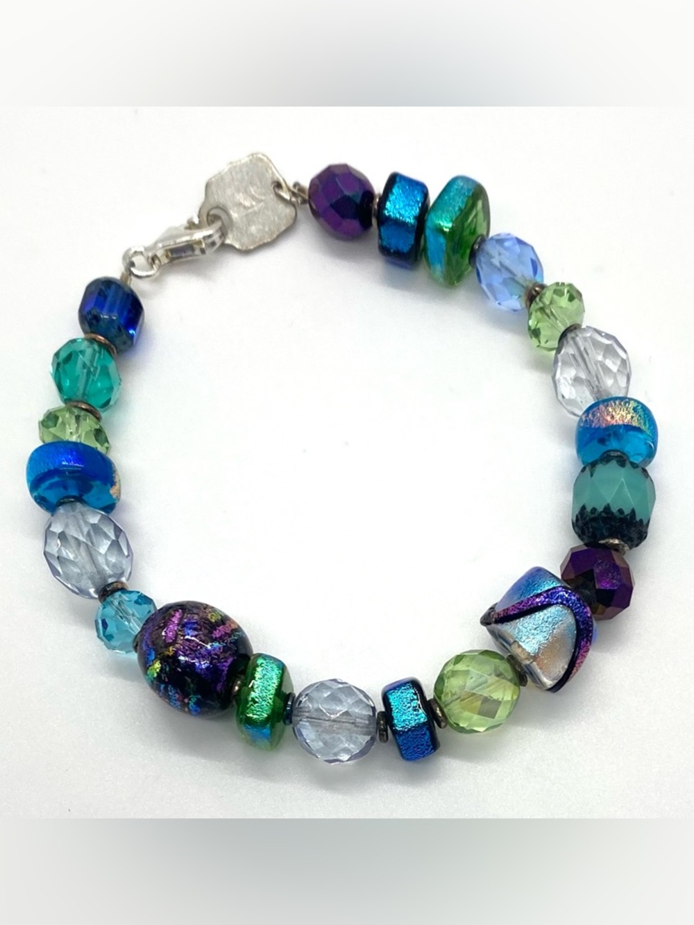 Vintage Blue Green Purple Glass Beaded Chunky Bracelet Grandmillenial Eclectic - Picture 9 of 9
